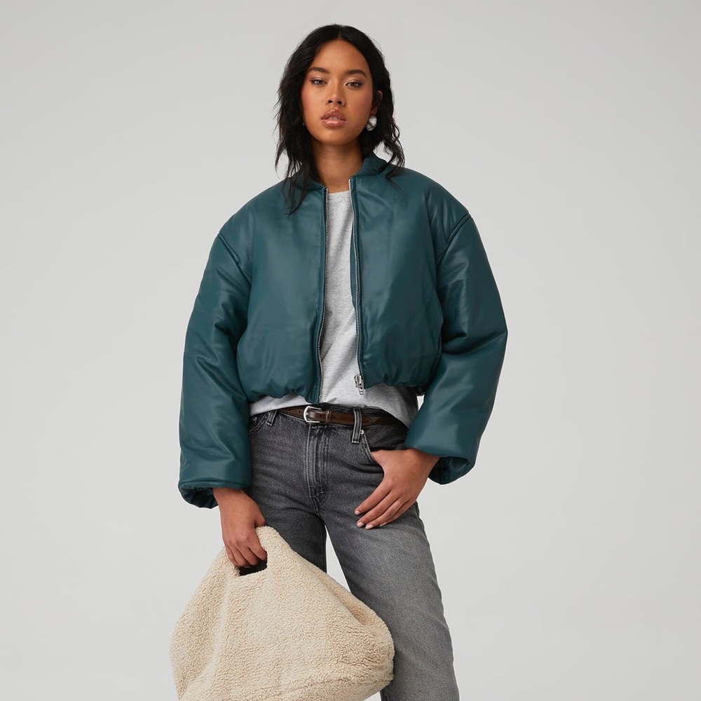 Blank NYC Teal Leather Jacket LIME LIGHT BOMBER New Size S